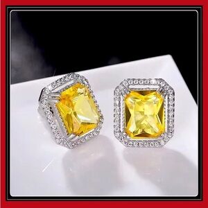 NEW WHITE GOLD EMERALD CUT CITRINE PRISM YELLOW SAPPHIRE DIAMOND EARRINGS
